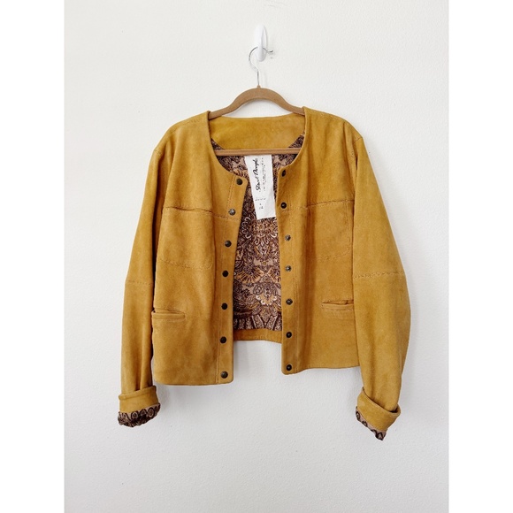 Free People Collarless Saddle Stitch Suede Leather Jacket Camel L - Picture 4 of 8
